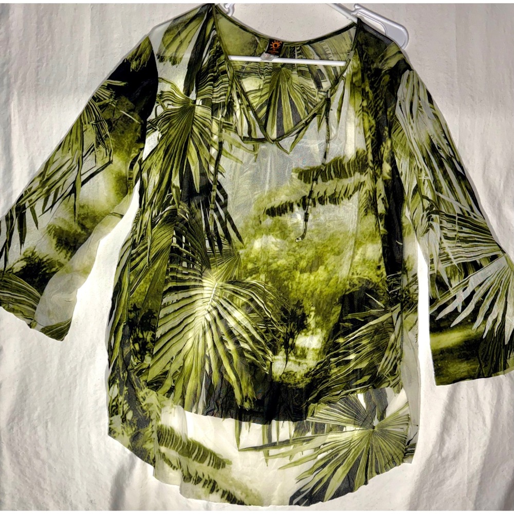 Jean Paul Gaultier Soleil Vintage 90s Mesh Palm Print Top Green Small Italy